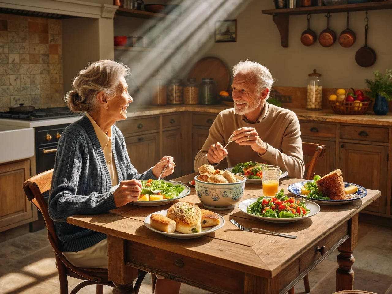 Coppia di anziani sorridenti a tavola in una cucina italiana luminosa