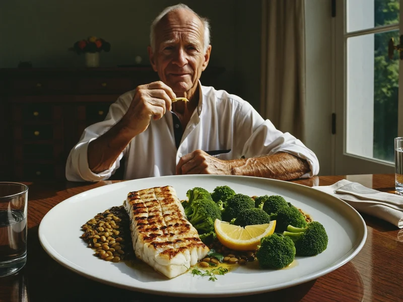 Pesce bianco alla griglia con lenticchie e broccoli al vapore
