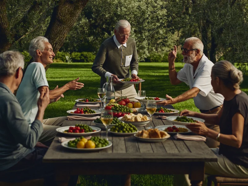 Gruppo di amici anziani a pranzo insieme in un giardino italiano