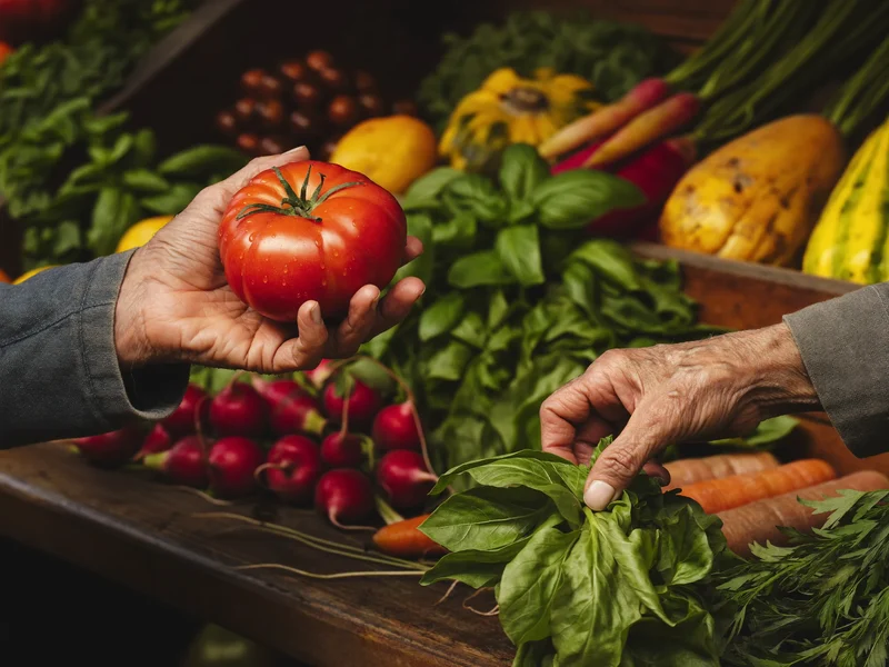 Mani anziane scelgono pomodori e verdure fresche al mercato all'aperto
